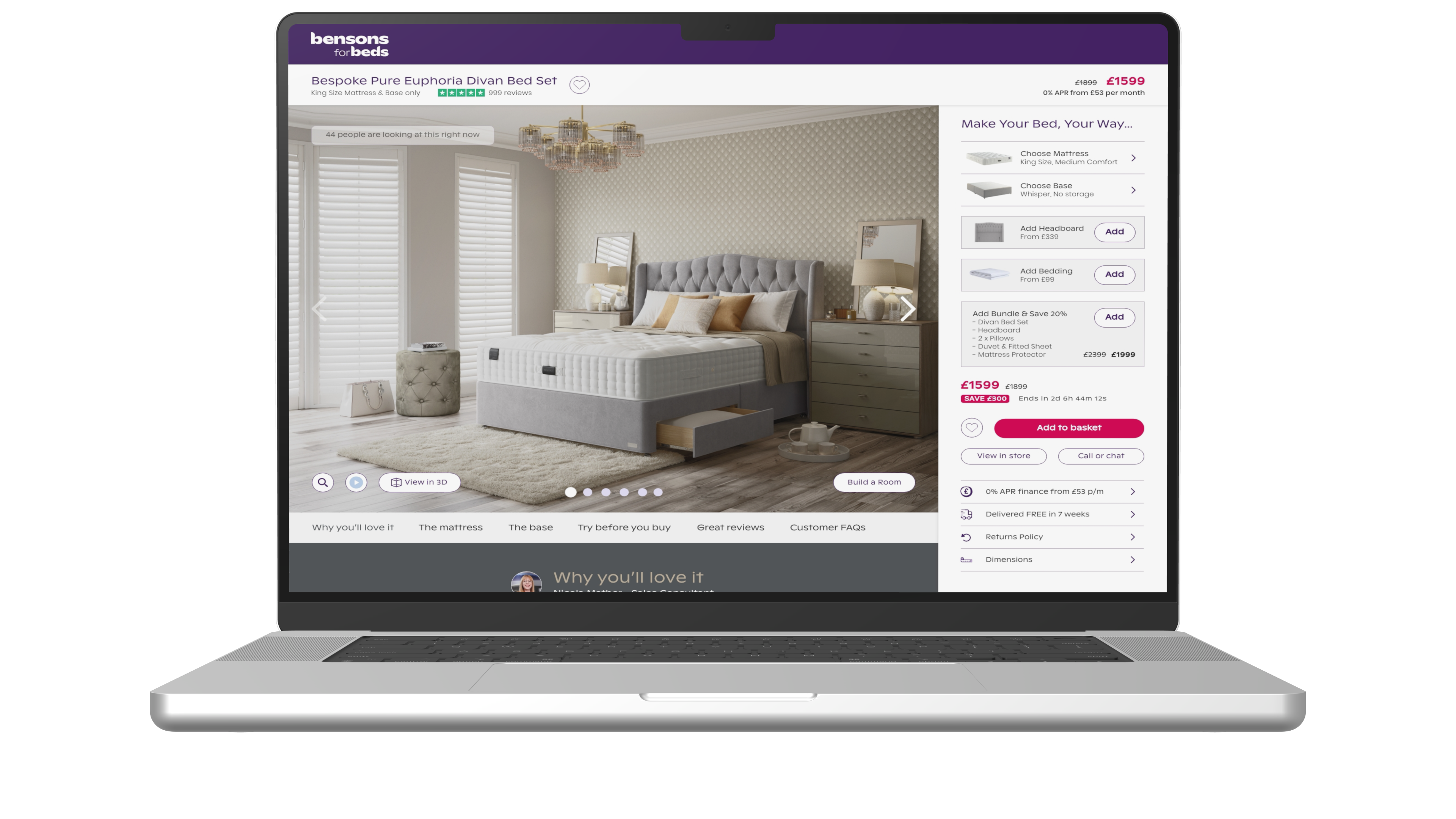 Desktop product page for a divan bed set, with a Make Your Bed, Your Way panel to choose mattress, base, headboard and bedding, and add a bundle