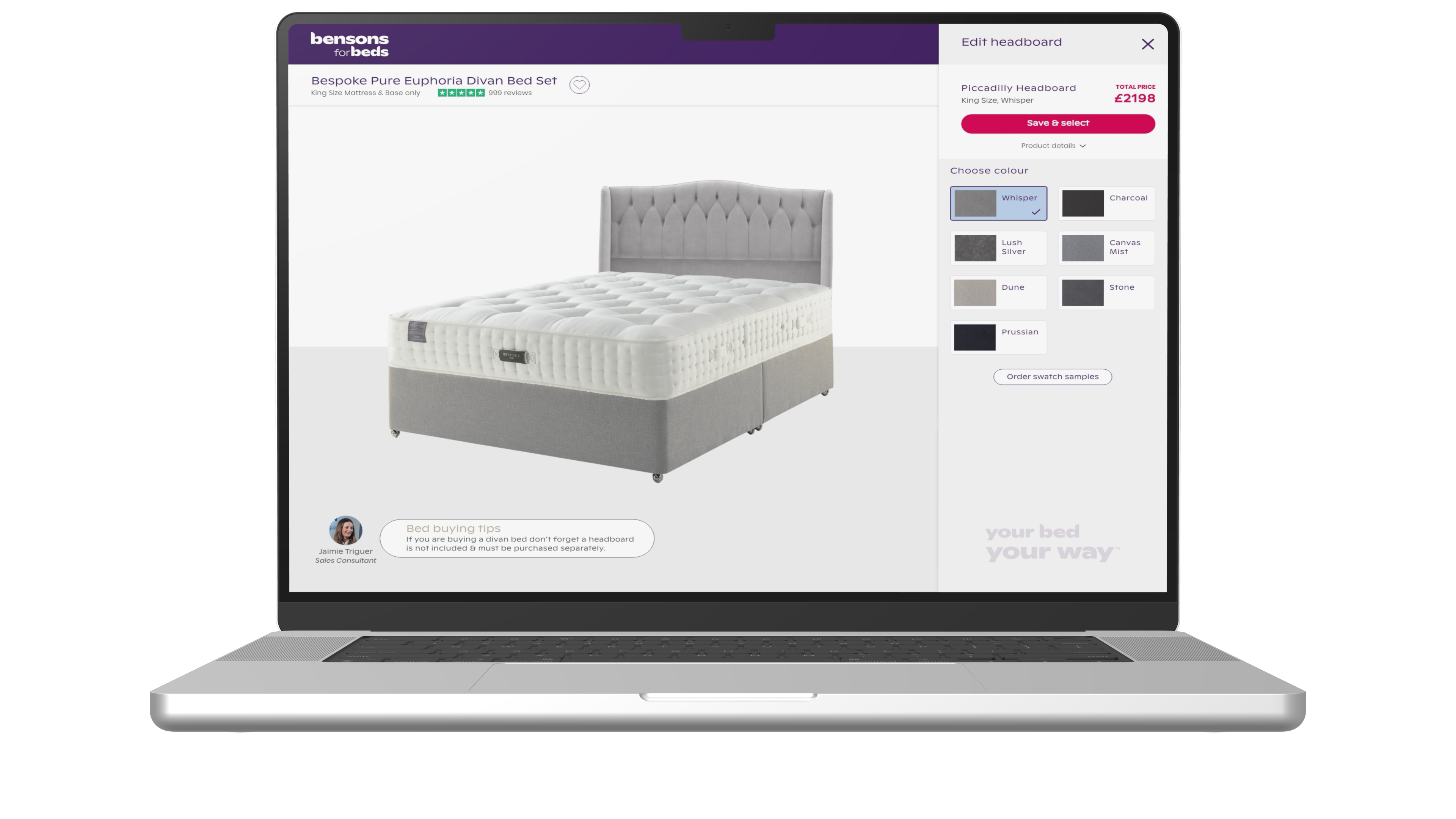 Edit headboard panel on the product page, showing the Piccadilly headboard on the divan bed with a choice of seven colours