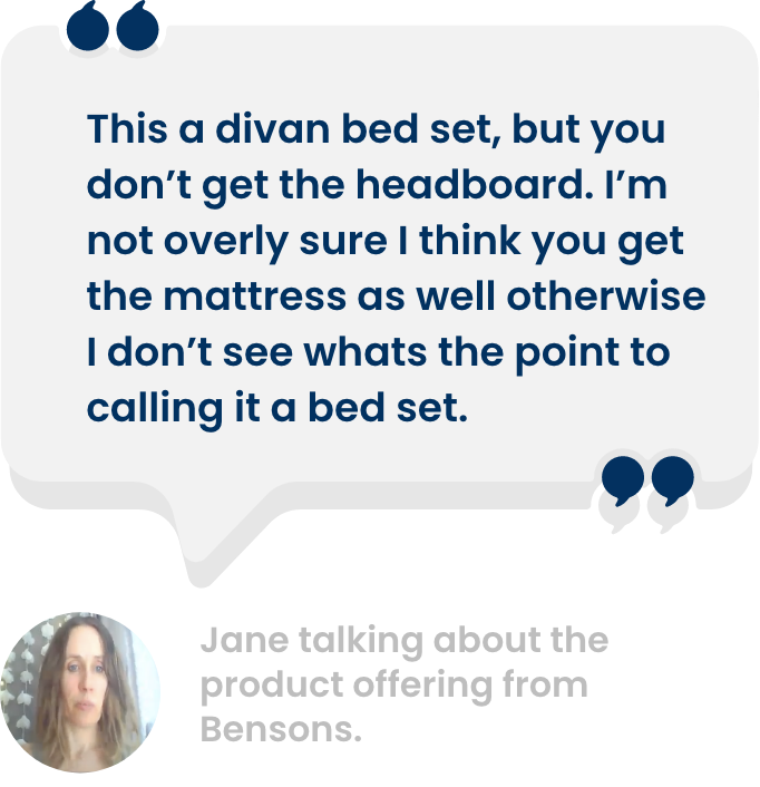 Jane, page 37, on not knowing what a divan bed set actually includes