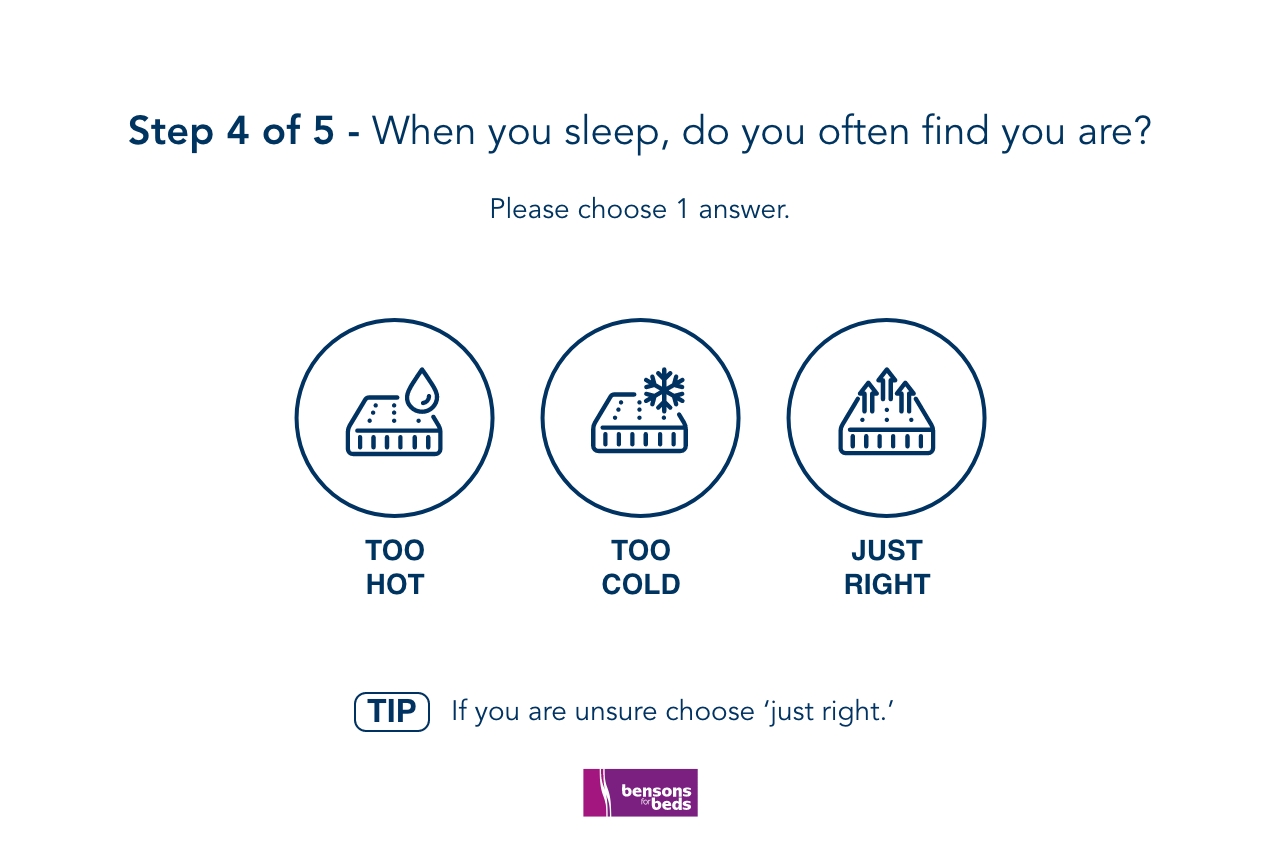 Step 4 of 5: when you sleep, do you often find you are too hot, too cold, or just right