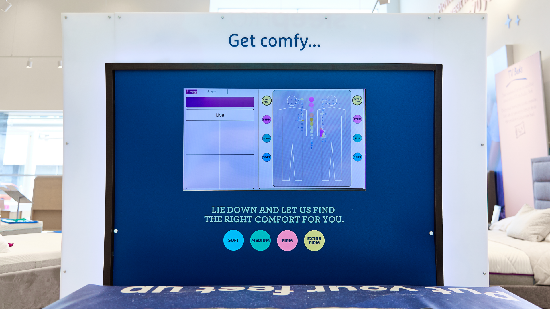 The original pressure-sensor mattress tester, a fixed in-store display reading live pressure points across the body against a soft to extra-firm scale