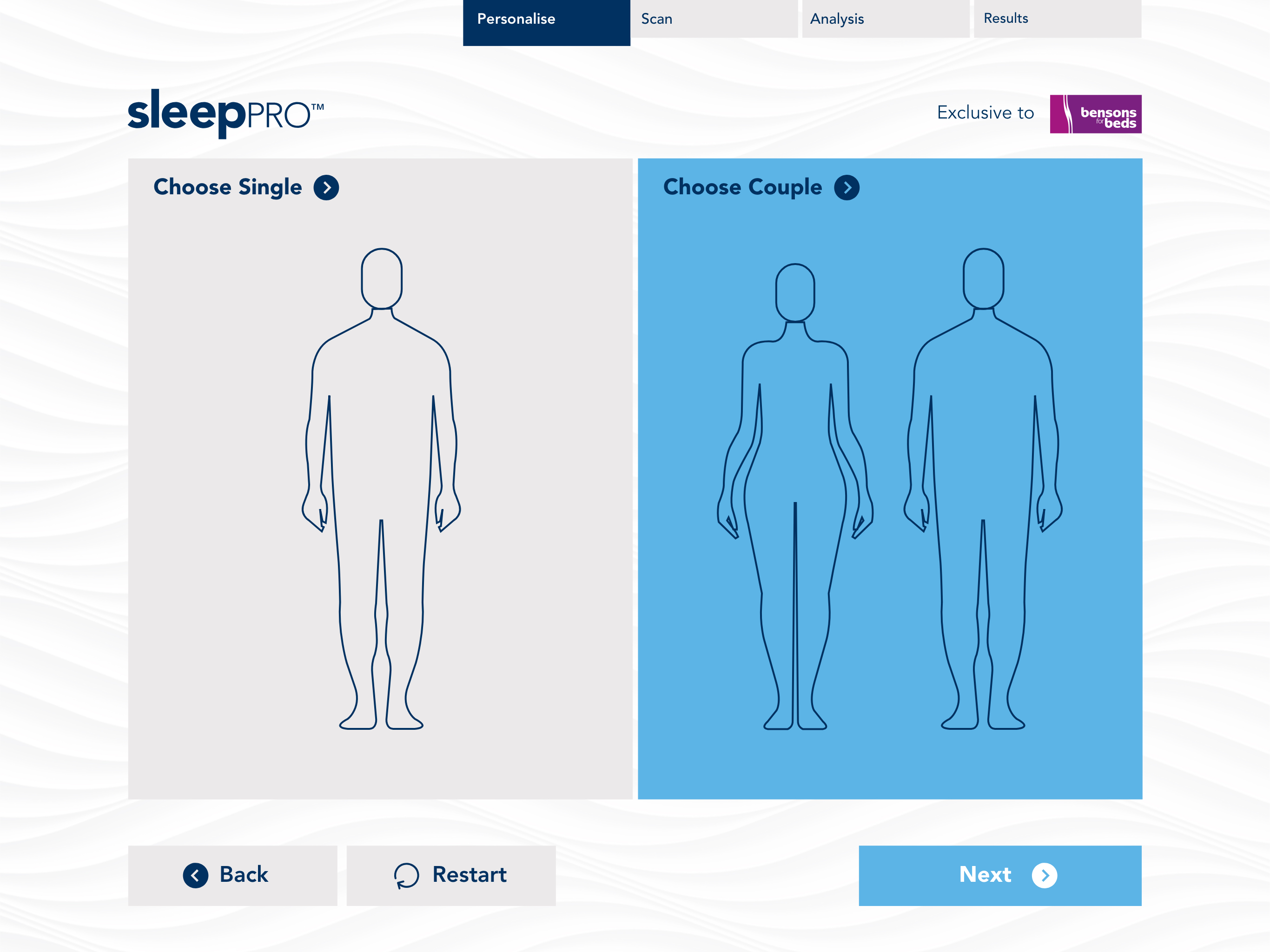Sleep Pro personalise screen: choose single or choose couple, showing body outlines for one or two sleepers