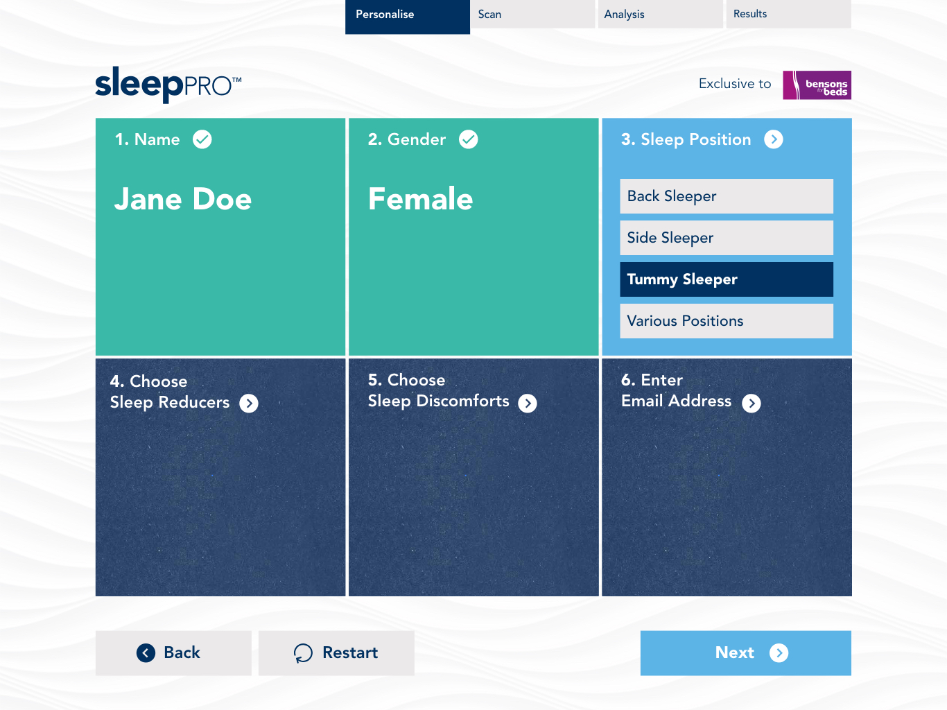 Personalise step 3: choosing sleep position from back sleeper, side sleeper, tummy sleeper, or various positions