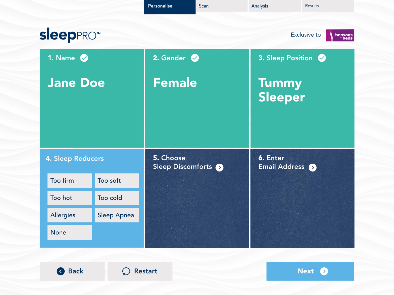 Personalise step 4: choosing sleep reducers from too firm, too soft, too hot, too cold, allergies, sleep apnoea, or none