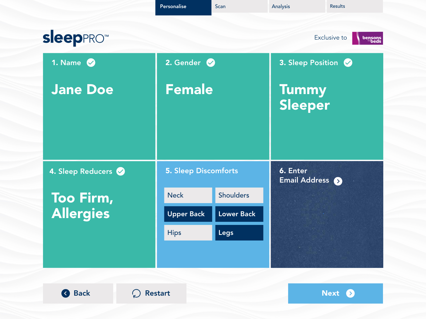 Personalise step 5: choosing sleep discomforts mapped to the body, from neck and shoulders to upper back, lower back, hips and legs