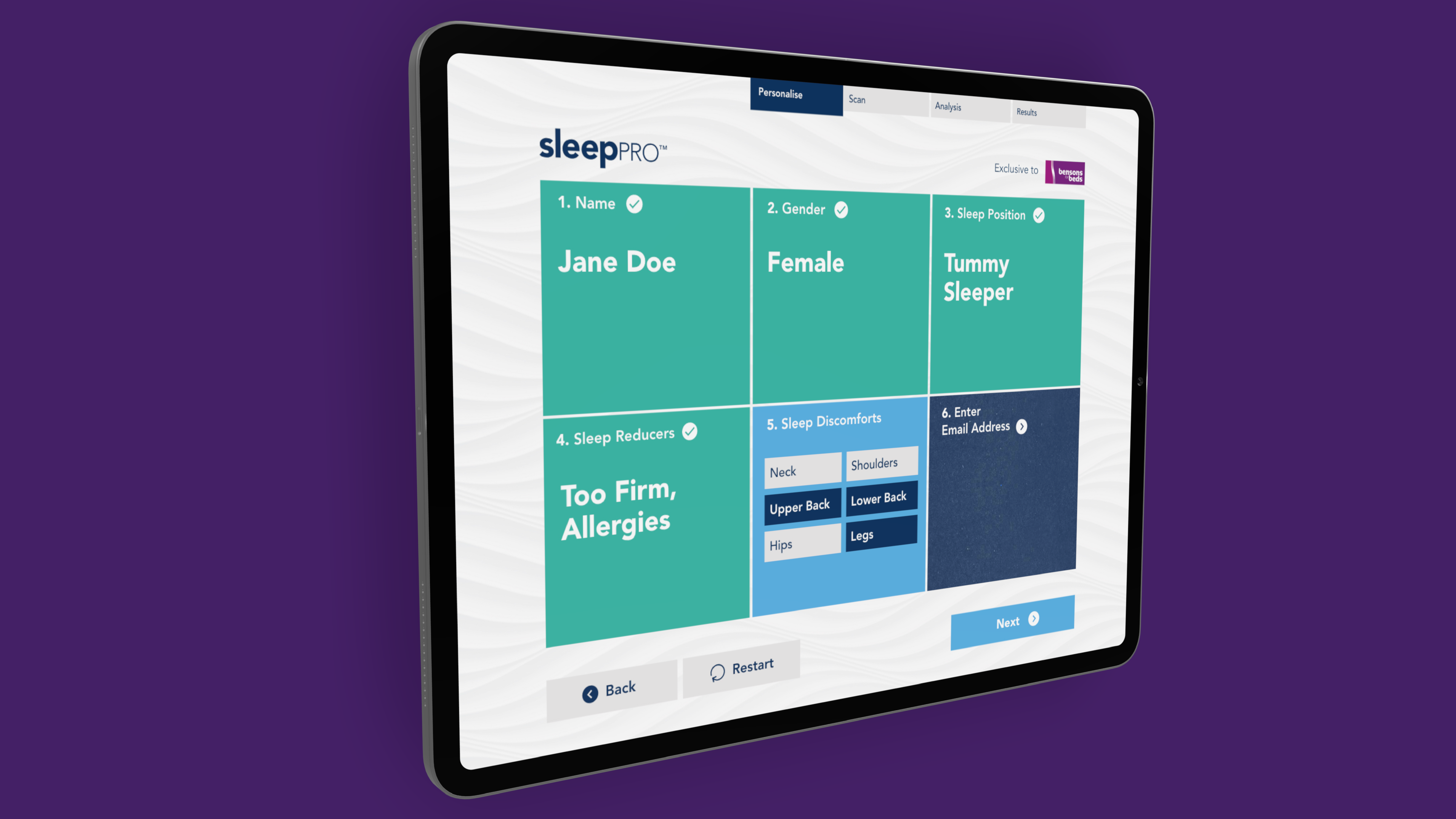 Sleep Pro personalise screen collecting name, gender, sleep position, sleep reducers, discomforts and email address