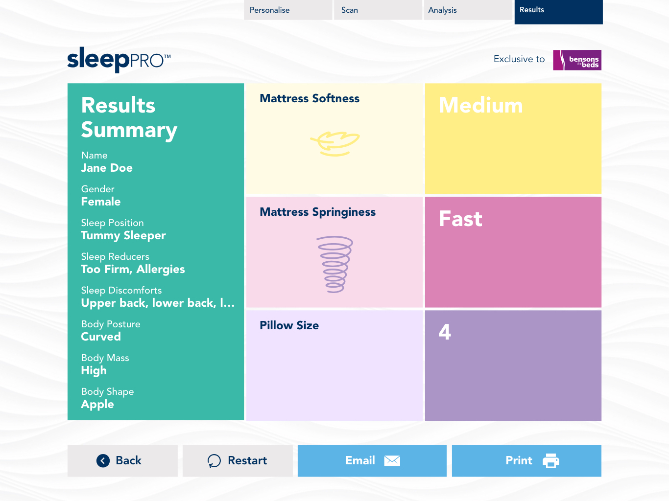 Sleep Pro results summary: name, gender, sleep position, sleep reducers and discomforts, body posture, mass and shape, alongside the recommended mattress softness, springiness and pillow size