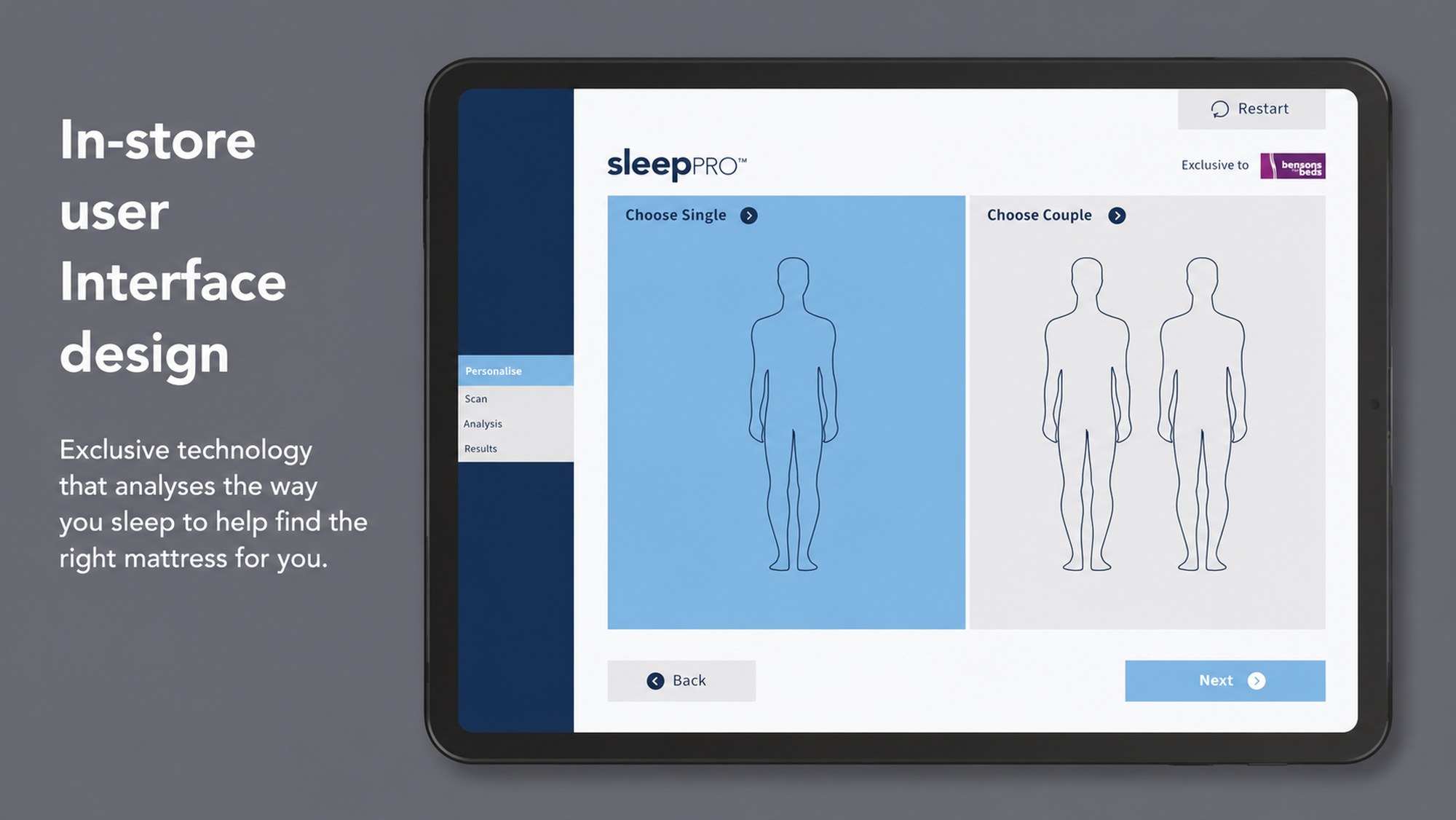 In-store user interface design: choose single or couple, with clear step navigation for personalise, scan, analysis and results