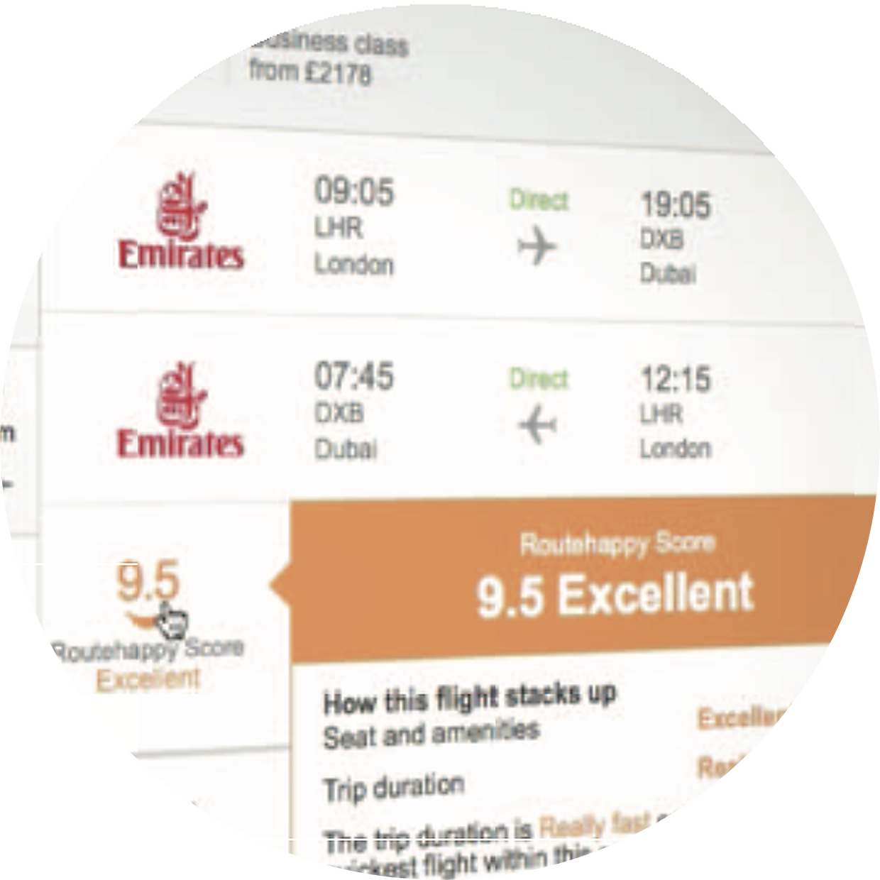 Shipped result: Emirates flight card with Flight Facts scoring