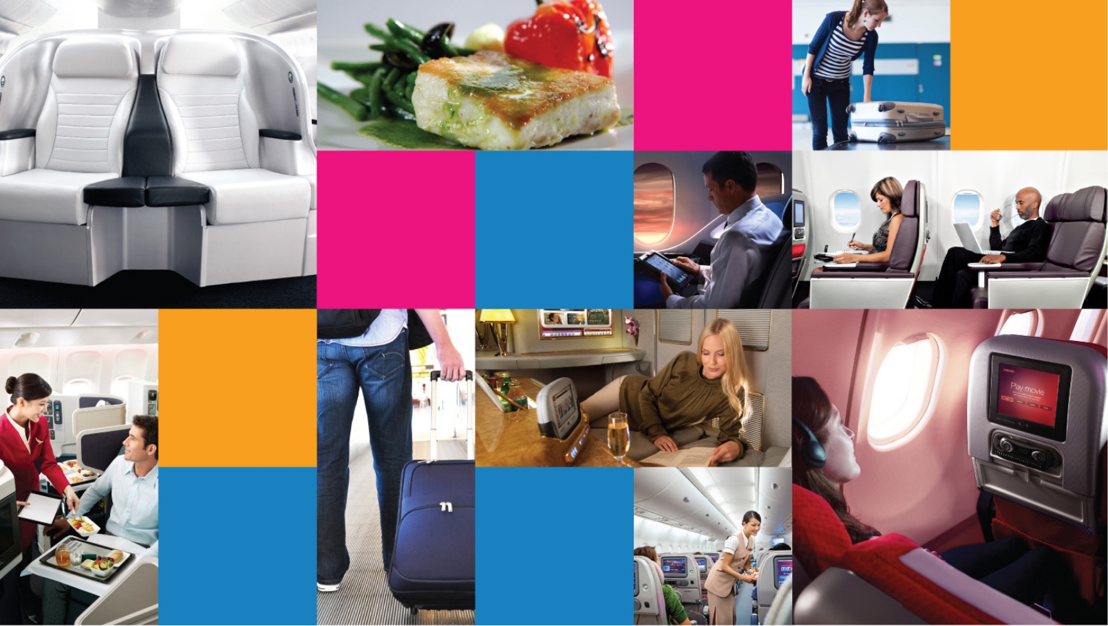 Collage of premium flight amenities: reclining business class seats, plated in-flight dining, seat-back entertainment, cabin service and baggage handling