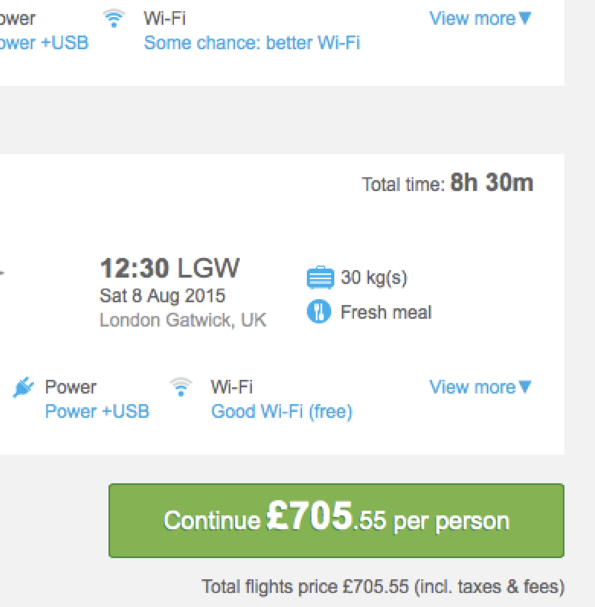 Final tested search result showing Wi-Fi, power and meal amenities with a price and continue button
