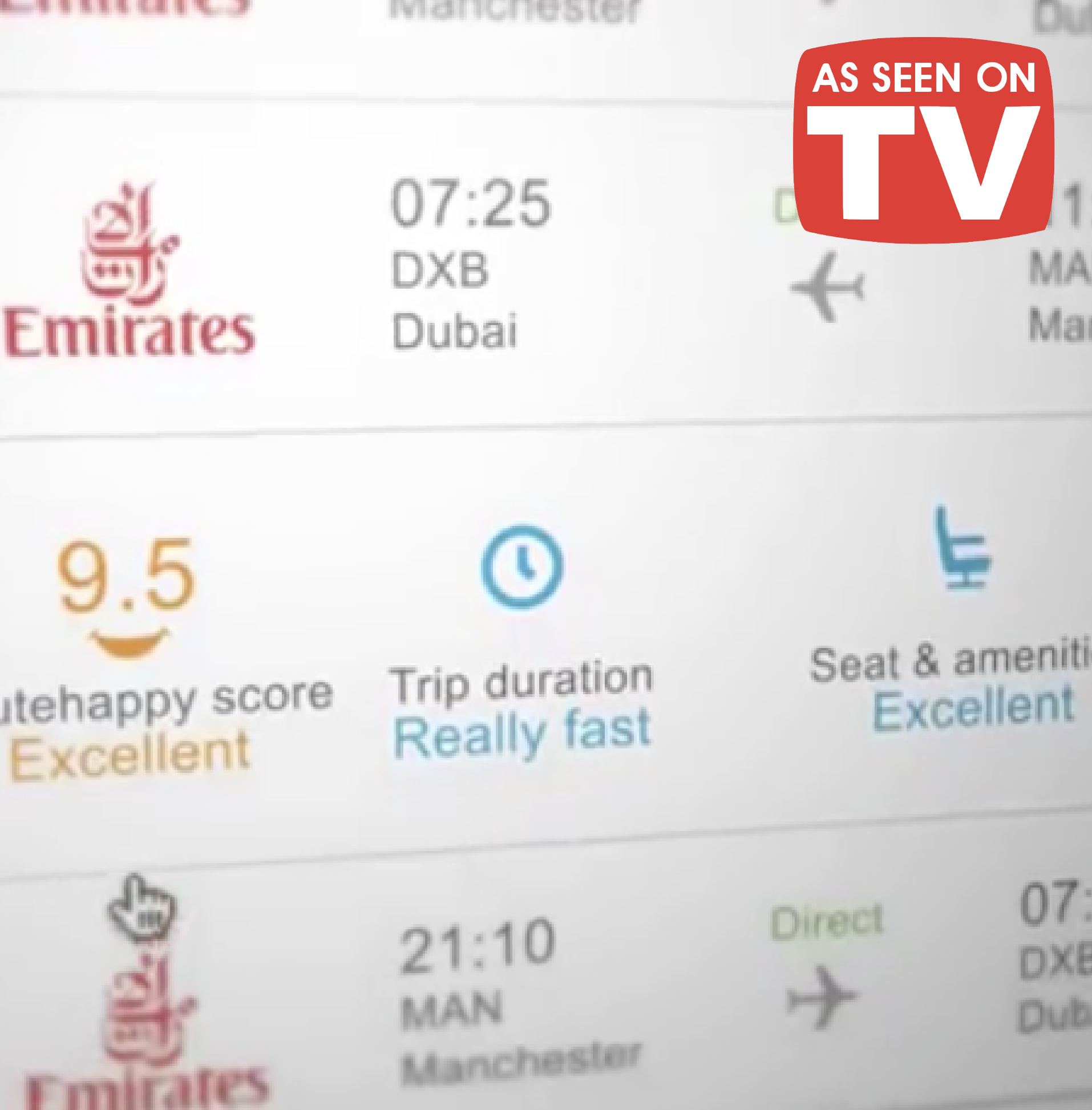 Live Emirates search result badged As Seen On TV, showing Routehappy score, trip duration and seat and amenities