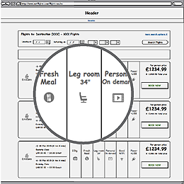 Early wireframe concept showing fresh meal, leg room and on-demand entertainment as circular flight highlights