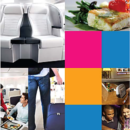Moodboard collage of seats, meals and lifestyle imagery informing the new flight content journey