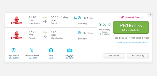 Variant: same flight result with a 9.5 Routehappy score and trip duration, seat and amenities, meal and baggage icons