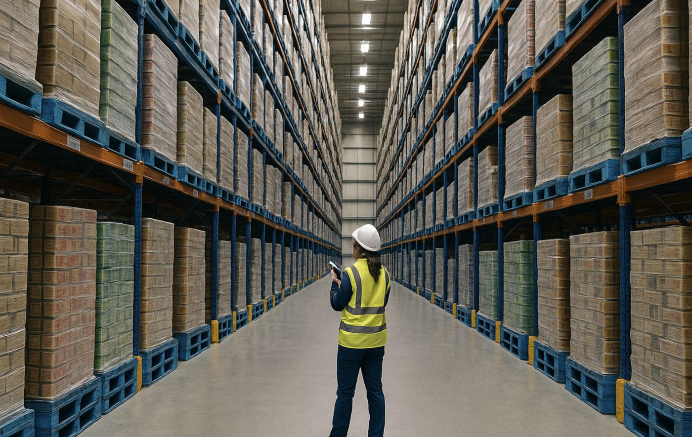 A worker with a handheld scanner standing in a long warehouse aisle between tall racks of palletised stock