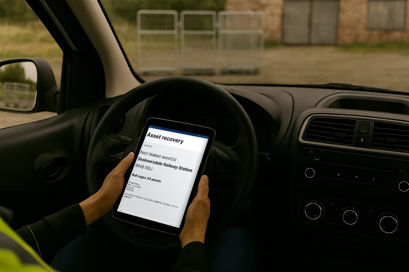 A recovery worker's tablet, mounted in a vehicle, showing an asset-recovery app with a last-seen location and asset count