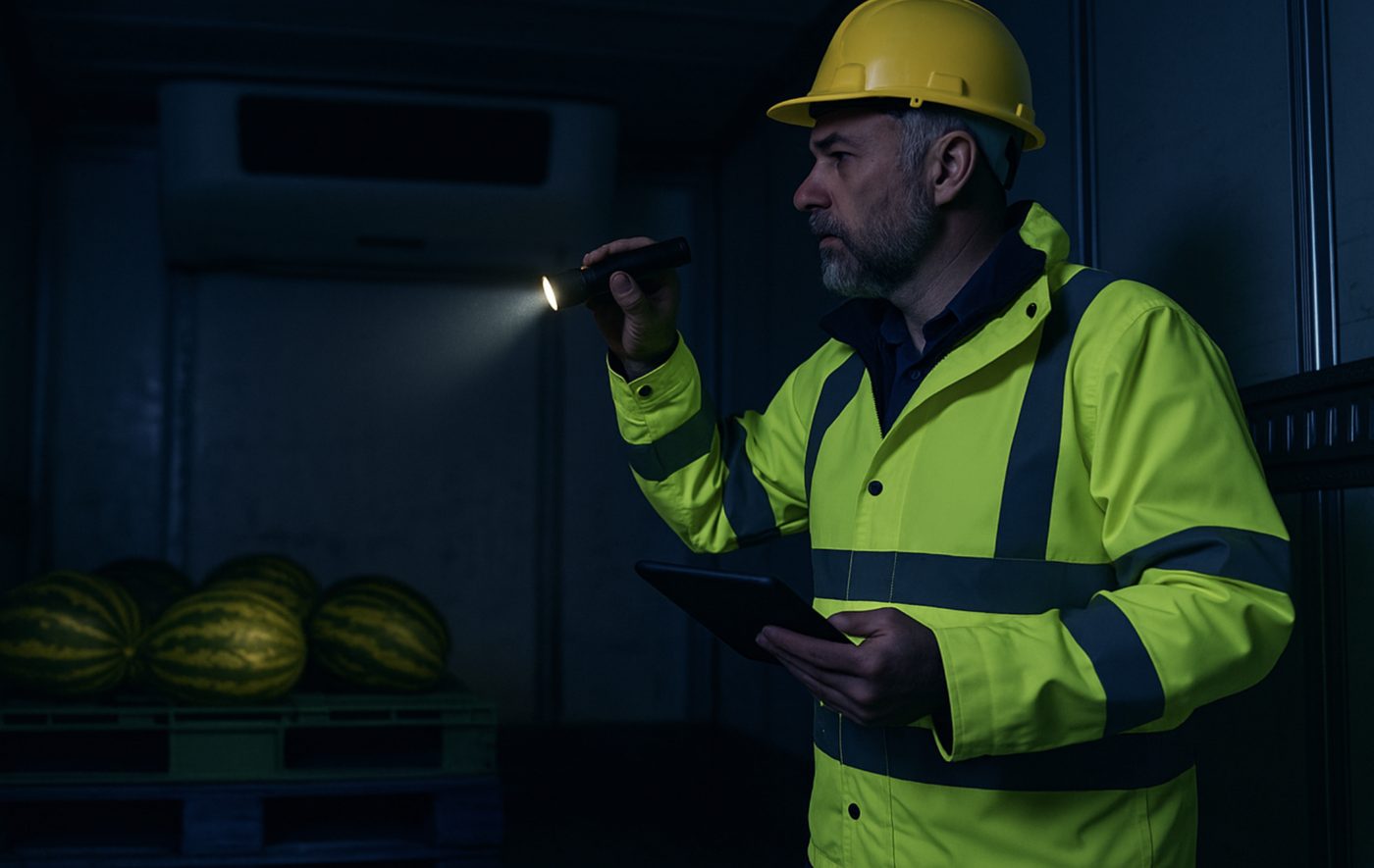 A supplier QA worker in a refrigerated trailer at night, using a torch and a tablet to inspect palletised produce
