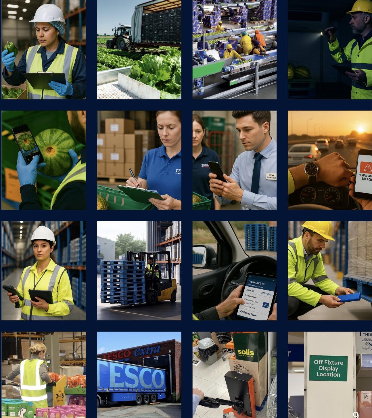 A grid of sixteen photographs from across Brambles' supply chain showing the real-world moments examined in the workshop: warehouse quality checks, drivers and forklift operators, store managers scanning stock, temperature-breach alerts on a phone, and pallets moving through a Tesco distribution centre