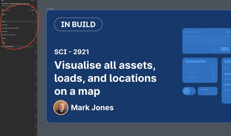 A Figma file cover page from the template: status pill reading In Build, Jira reference SCI-2921, feature title Visualise all assets, loads and locations on a map, and the designer's name, with the file's page list visible in the Figma sidebar