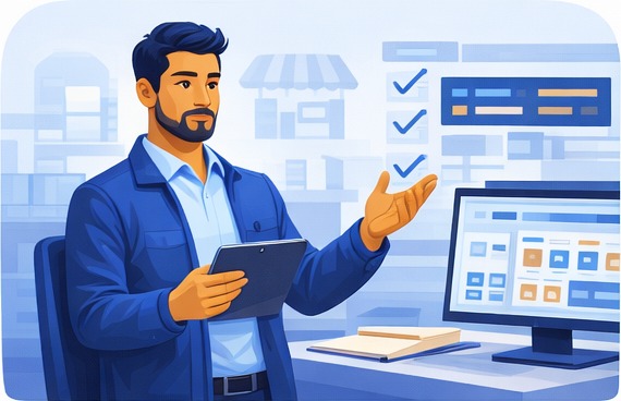 Illustration of a Merchandiser holding a tablet and reviewing a checklist of completed display activation checks