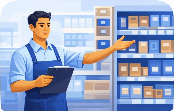 Illustration of a Section Manager holding a clipboard and gesturing towards stocked shelves in a store aisle