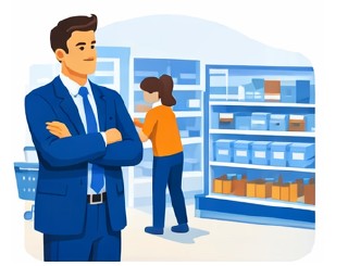 Illustration of a Store Director talking with a colleague on the shop floor