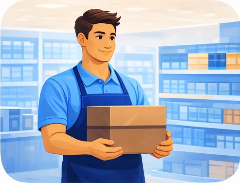 Illustration of a Store Employee moving boxes of stock in a store