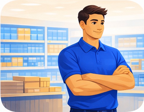 Illustration of a Store Manager standing arms crossed on the shop floor, stocked aisles behind him