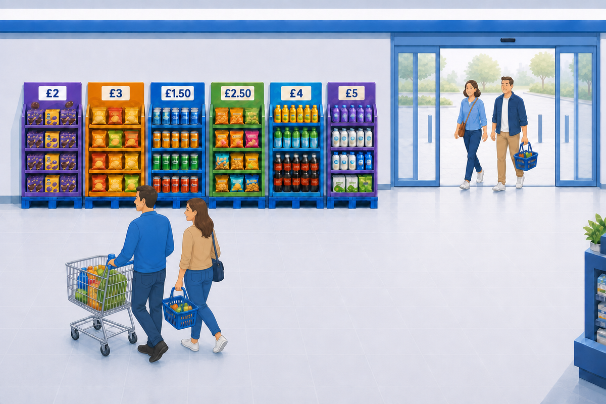 Illustration of a row of branded quarter-pallet promotional displays at different price points, positioned near a store entrance, with shoppers walking past and pushing trolleys