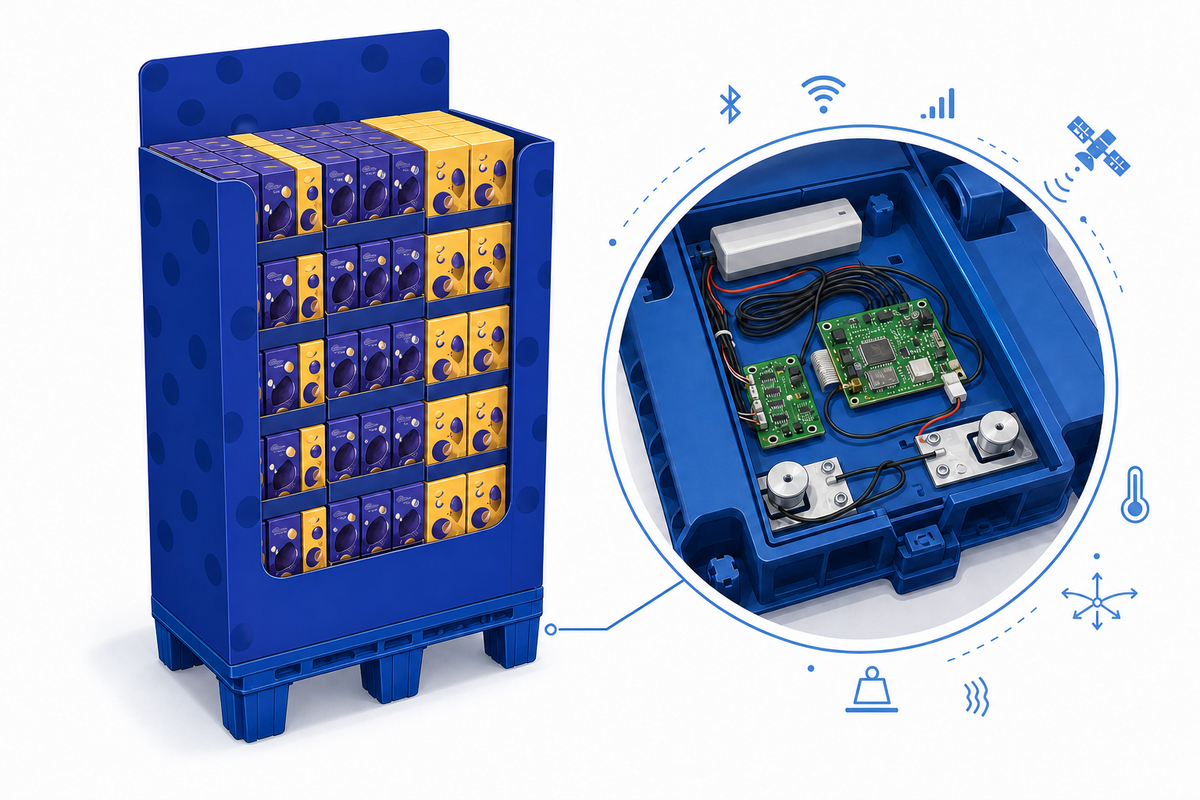 Illustration of a branded quarter-pallet promotional display stacked with product, with a callout showing the electronics built into the blue pallet base: circuit boards, load cells and sensors, alongside icons for Bluetooth, Wi-Fi, cellular, satellite, temperature, movement and orientation sensing