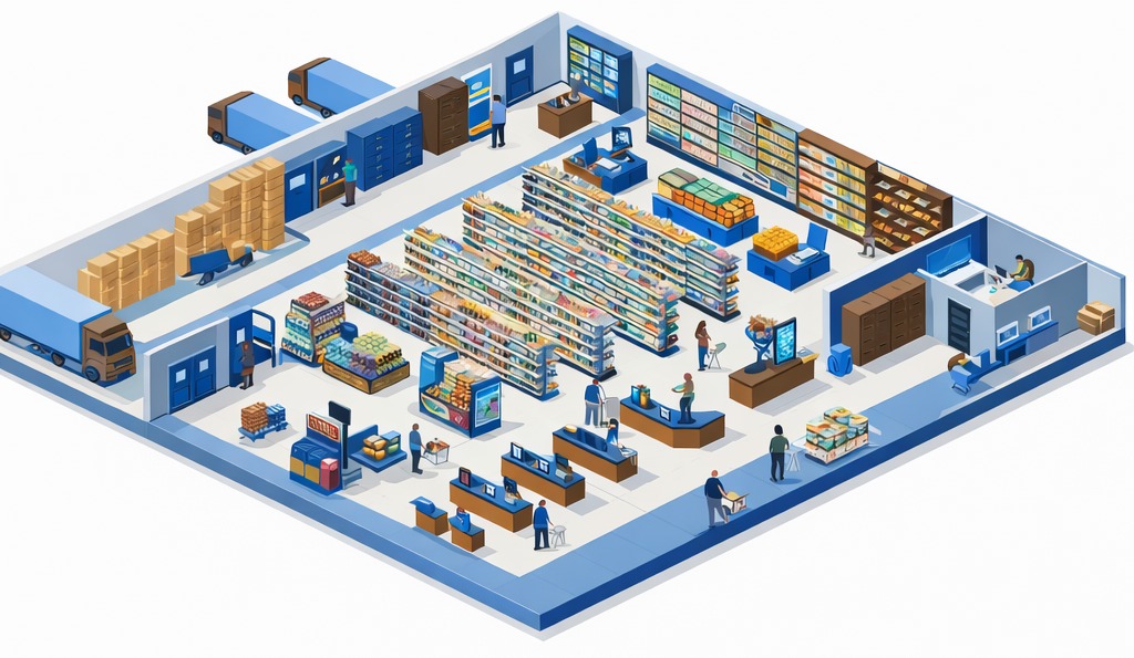 Isometric illustration of a retail store, showing the back-of-house receiving area with a delivery truck and pallets, the stockroom and internal corridors, and the customer-facing shop floor with aisles, feature displays, endcaps and checkout