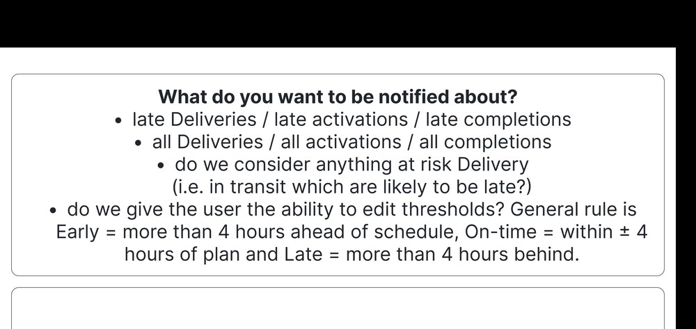 Content planning wireframe listing the questions behind a promo display notification event: what, who, when and how to be notified